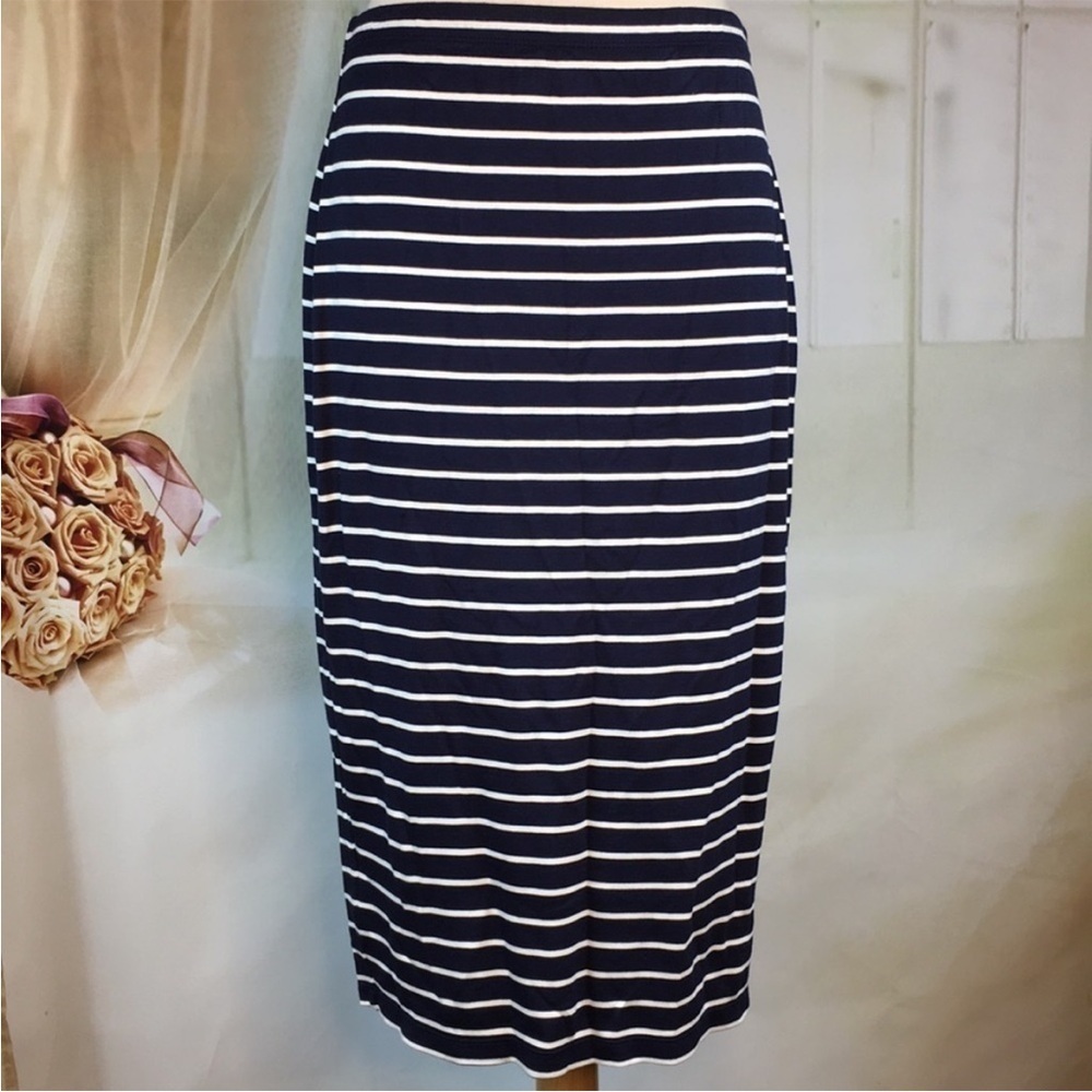 New Max Studio Navy Blue Striped Midi Skirt S